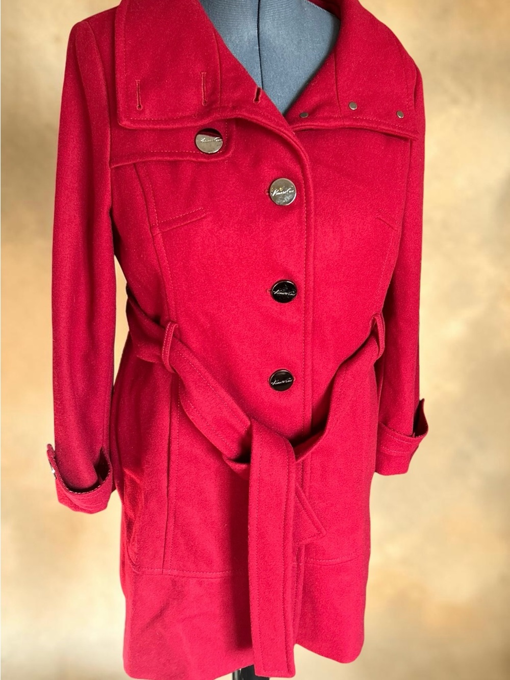 Kenneth Cole New York Red Wool Blend Belted Trench Coat Peacoat Size 16⁠